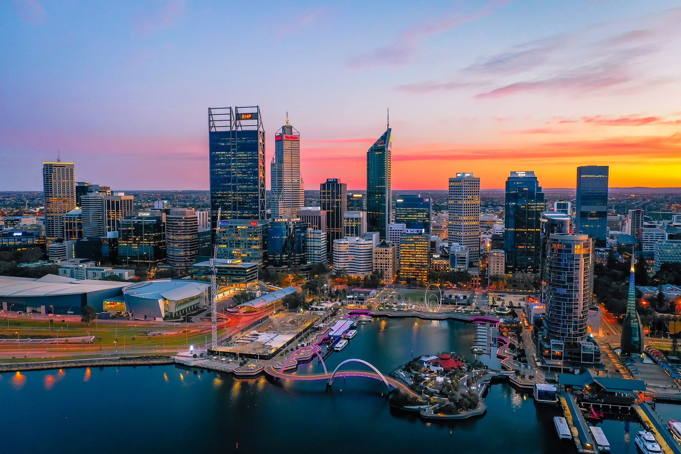 Perth, Australia - Mar 04 2020: the Perth City Skyline during Da